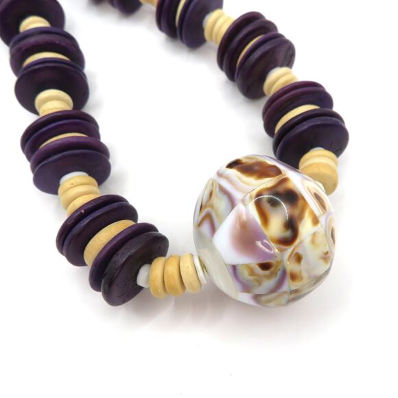 Vintage Boho Wood Bead Necklace w/ Mosaic Focal Bead Purple & Beige Tribal Style - Picture 3 of 11